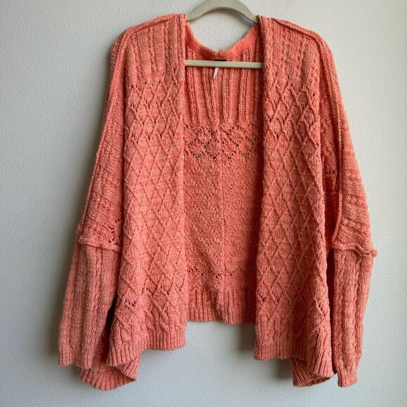 Free People Sunset Cruise Orange Sorbet Oversize Boho Travel Cardigan Size Large - Picture 3 of 9